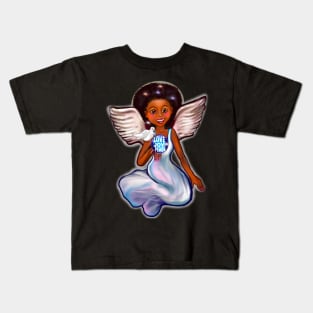 Angel with dove love joy and peace - Black angel of peace ! With glow, Afro hair, green eyes, Cherry pink lips and dark brown skin. Hair love ! Kids T-Shirt